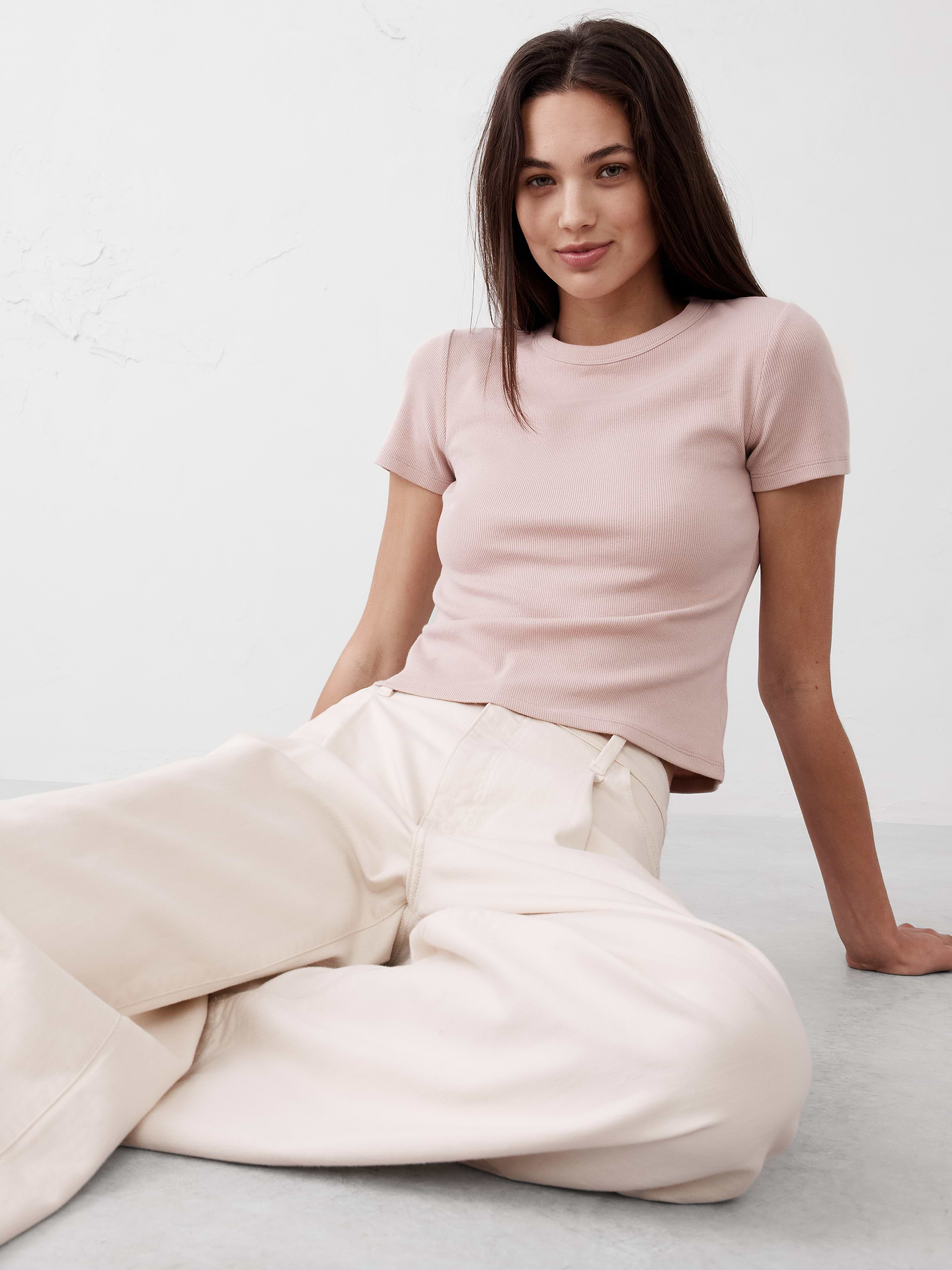 Image 1 of 7, Our top-selling ribbed t-shirt is now designed to sit just above your hip for a modern look., Crew neck. Short sleeves., Straight hem., Made exclusively for Banana Republic Factory., Product #885421