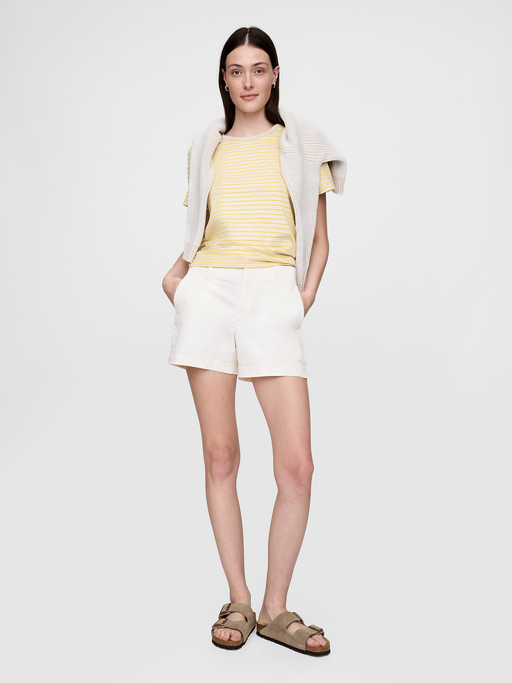 Image 1 of 8, A straight fit with a mid rise & 7-days-a-week easy., Soft stretch cotton khaki shorts., Concealed hook and bar closure, zip fly., Front slant pockets., Back welt pockets., This product is part of our Washwell program, which uses at least 20% less water as compared with conventional wash methods. We’ve saved over a billion liters of water through Washwell since 2016., This product was made in a factory that invests in gender equality and women’s empowerment. Through RISE (Reimagining Industry to Support Equality) and Gap Inc.’s program P.A.C.E. (Personal Advancement & Career Enhancement), we support people who make our clothes to build the skills, knowledge, confidence, and resilience needed to advance in work and life. Learn more here ., Product #582943