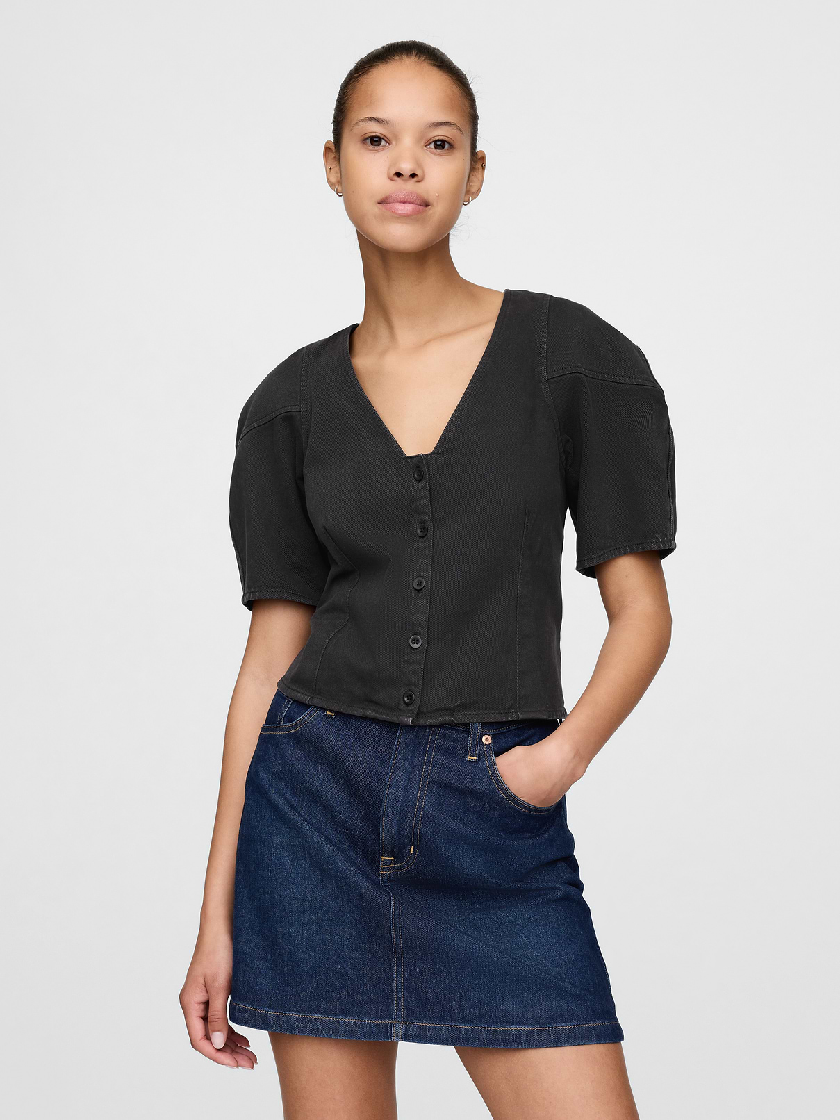 Denim Barrel-Sleeve Crop Shirt