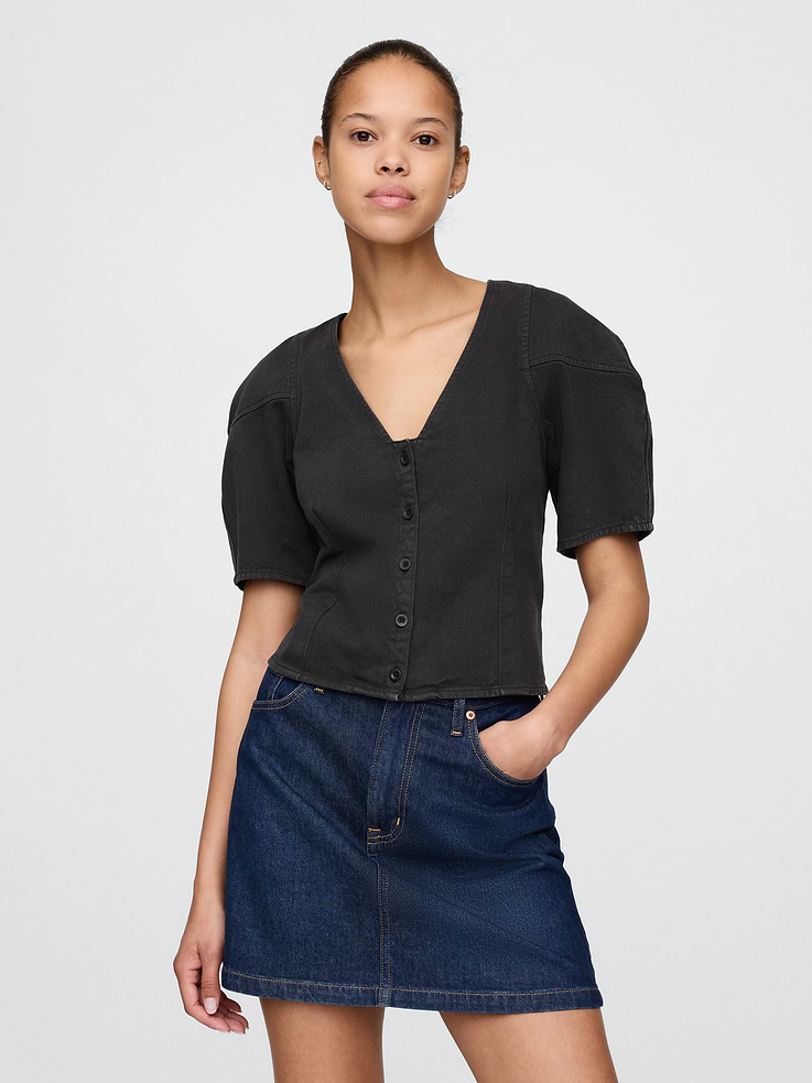 Image number 1 showing, Denim Barrel-Sleeve Crop Shirt
