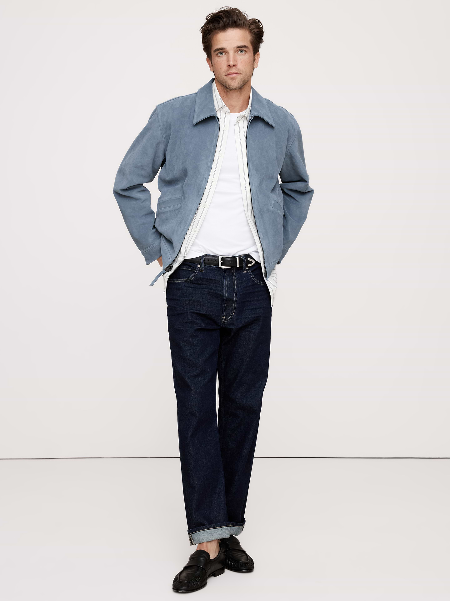 Image 1 of 7, Based on a vintage style from our archives, we borrowed the silhouette and rendered it in luxurious suede, made in one of the world’s most renowned ateliers. Because we like options, we left the inside body unlined so you can layer it as the seasons change. Plus, since it's suede, it will only get better with time, developing a rich and unique patina., Relaxed fit: Relaxed fit through shoulders, chest and waist with dropped shoulder seam., Point collar with zip front., Front pockets., Unlined body, lined sleeves for easy on-off., Product #693554