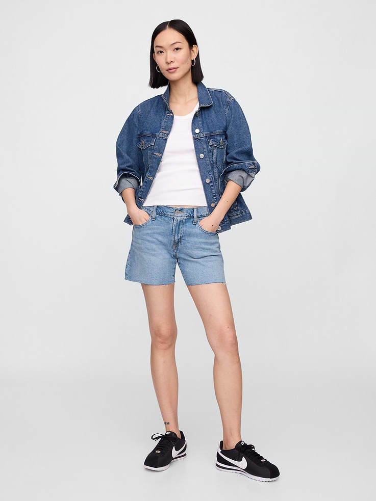 Image 1 of 7, This style is made with 5% recycled cotton. Compared to virgin materials, using recycled materials helps to reduce resource use and waste., This product is part of our Washwell program, which uses at least 20% less water as compared with conventional wash methods. We’ve saved over a billion liters of water through Washwell since 2016., Made with 21% TENCEL™. TENCEL™ fibers are derived from the natural raw material wood, from controlled or certified wood sources., Soft, low-stretch denim., Light indigo wash with fading and whiskering., Button closure, zip fly., Classic five-pocket styling., Raw hems., This product was made in a factory that invests in gender equity and women’s empowerment through RISE. Learn more at gapinc.com/equity., Product #735379