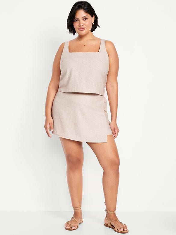 High-Waisted Faux-Wrap Linen-Blend Mini Skort