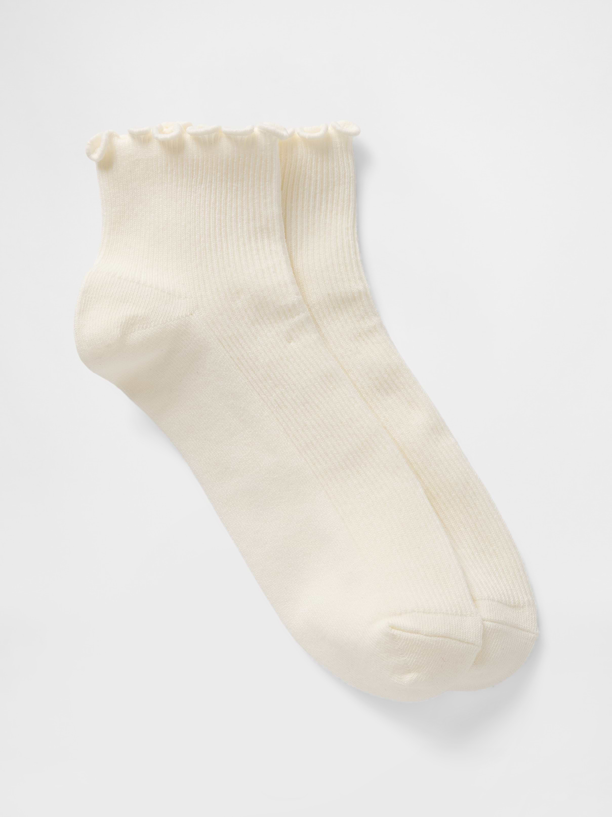 Image 1 of 2, Soft, stretch ribbed knit socks., Ruffled top., Reinforced heel and toe., Made with 10% recycled polyester. Compared to virgin materials, using recycled materials helps to reduce resource use and waste., This product was made in a factory that invests in gender equity and women’s empowerment through RISE. Learn more at gapinc.com/equity ., Product #774388