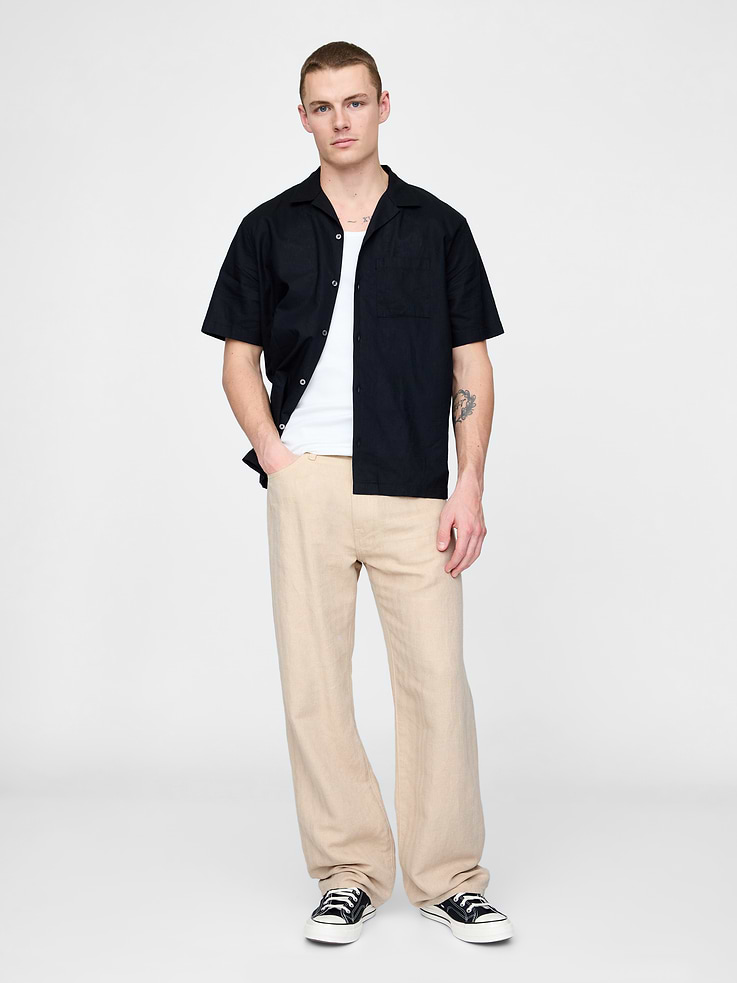 Image 1 of 6, Our roomy, chilled-to-the-max throwback. It's a relaxed straight pant with an effortless slouch. Call it a vibe. We’ll call it an essential., Soft linen-cotton blend herringbone pants., Button closure, zip fly., Classic five-pocket styling., This product was made in a factory that invests in gender equality and women’s empowerment. Through RISE (Reimagining Industry to Support Equality) and Gap Inc.’s program P.A.C.E. (Personal Advancement & Career Enhancement), we support people who make our clothes to build the skills, knowledge, confidence, and resilience needed to advance in work and life. Learn more here ., Product #726460