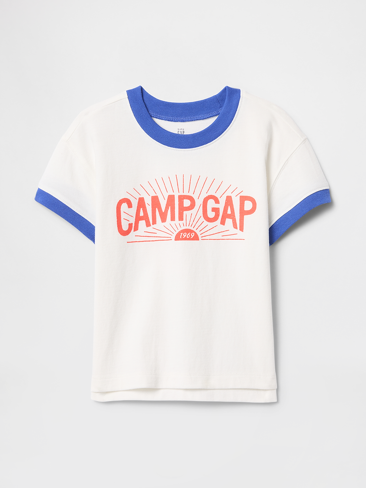 Image 1 of 2, Soft cotton jersey ringer T-shirt., Contrast rib-knit trim crewneck., Short sleeves with contrast trim., Assorted Camp Gap graphic logo at front., Hi-low hem with side slits., Product #763015