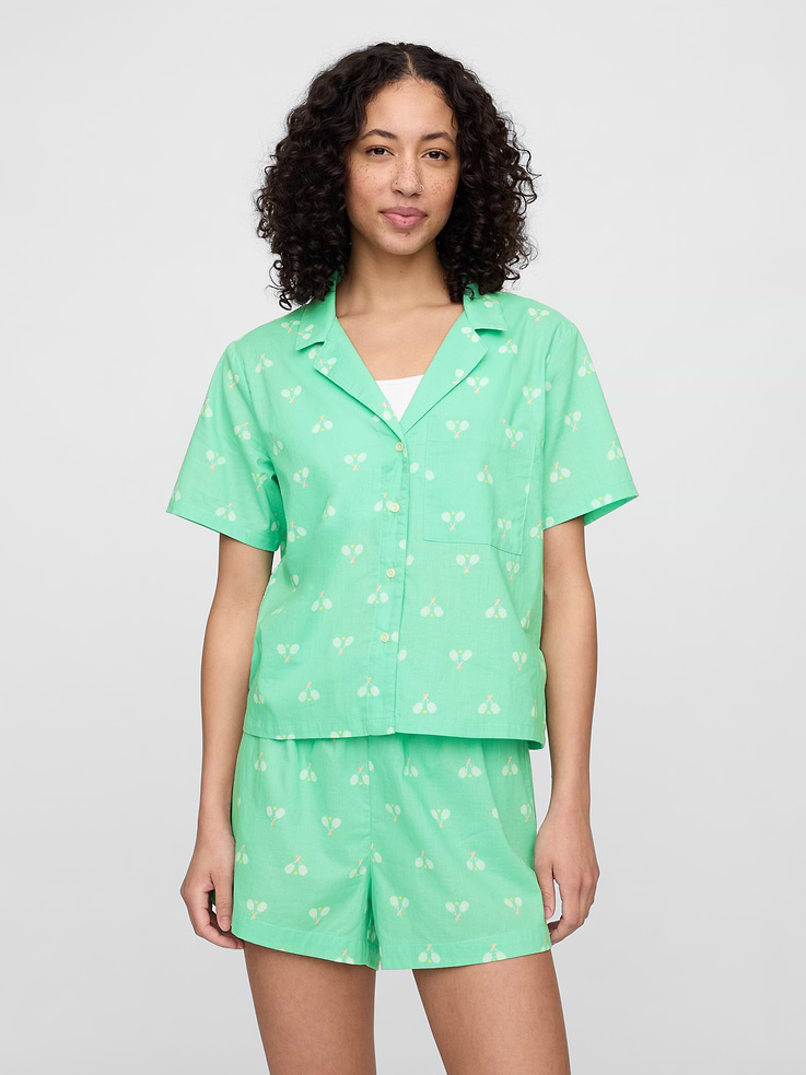 Image 1 of 4, Smooth poplin sleep shirt., Short sleeves., Notch spread collar, button front., Patch pocket at chest., Select styles have allover print, stripes, or plaid., Product #625716
