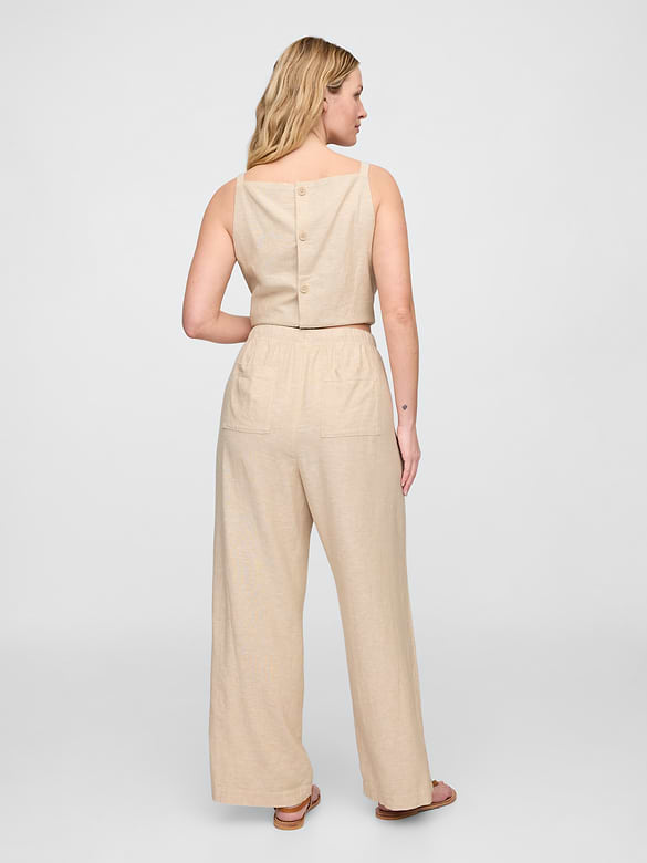 Mid Rise Linen-Blend Pull-On Wide-Leg Pants