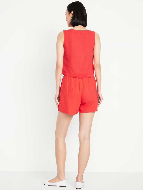 High-Waisted Faux-Wrap Linen-Blend Mini Skort