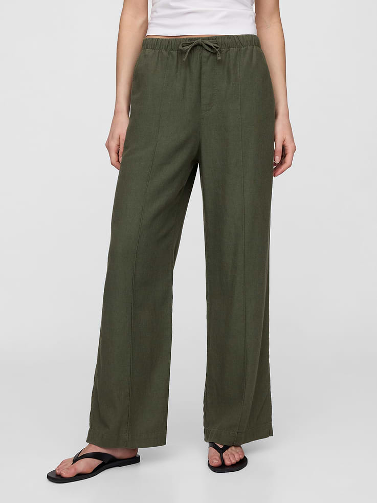 Image 2 of 7, Mid Rise Linen-Blend Pull-On Wide-Leg Pants