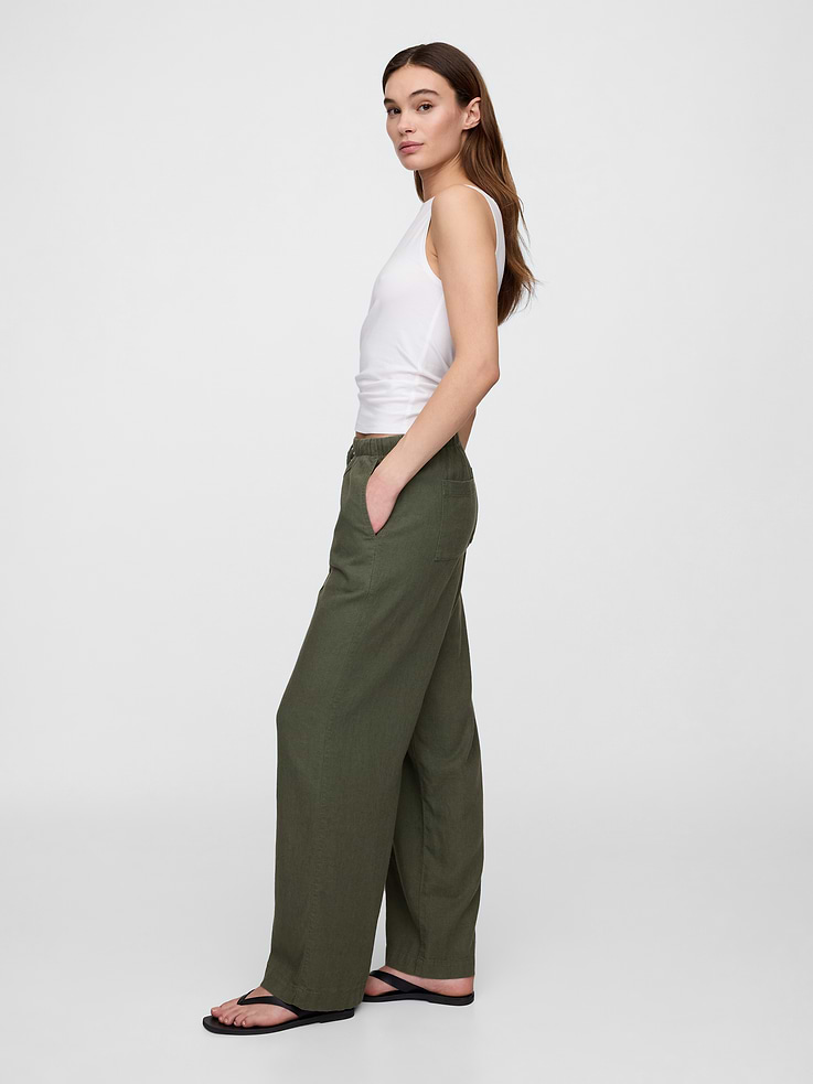 Image 3 of 7, Mid Rise Linen-Blend Pull-On Wide-Leg Pants