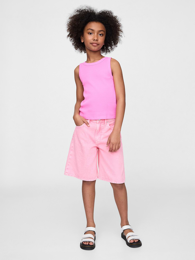 Image 1 of 6, Authentic, no-stretch denim shorts., Button closure at waist (sizes 4-8 have a hook & bar closure beneath faux snap for easy on and off), zip fly., Classic 5-pocket styling., Pink wash., Responsibly Made: This pair of shorts is made with 5% recycled cotton and is part of our water-saving Washwell program. Compared with conventional wash methods, Washwell uses at least 20% less water and has saved over a billion liters of water since 2016., This product was made in a factory that invests in gender equality and women’s empowerment. Through RISE (Reimagining Industry to Support Equality) and Gap Inc.’s program P.A.C.E. (Personal Advancement & Career Enhancement), we support people who make our clothes to build the skills, knowledge, confidence, and resilience needed to advance in work and life. Learn more here ., Product #759484