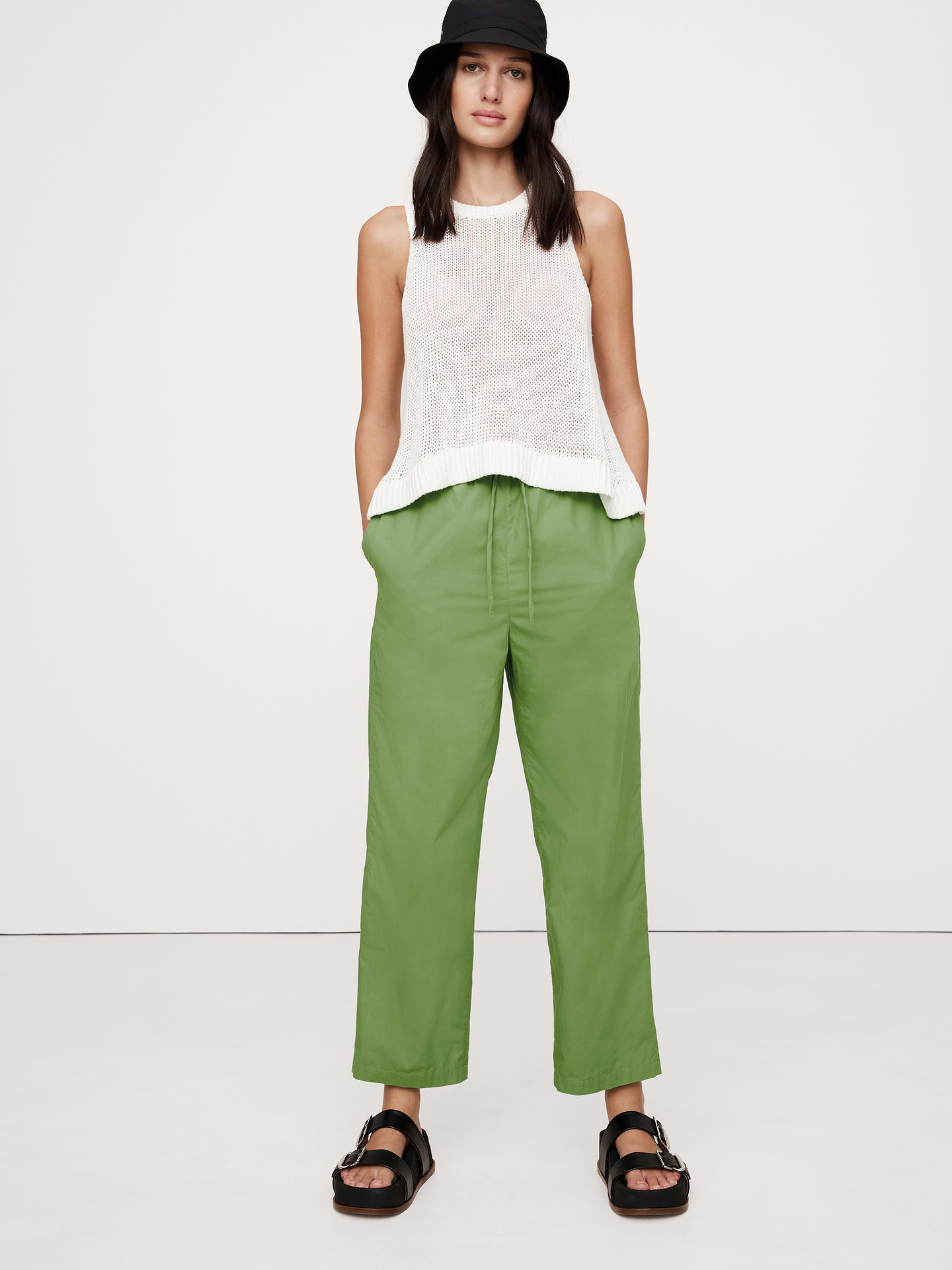 Image 1 of 4, An easy pant, ready for warm weather. This straight-leg pant is crafted from our signature cotton poplin with an elastic waistband and drawstring closure for a custom fit., Relaxed fit: High-rise. Relaxed through hip and thigh with straight leg. Ankle length., Elastic waistband with drawstring., Side seam pockets., Unlined., Product #713483