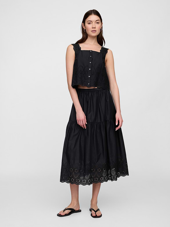 Tiered Eyelet Midi Skirt