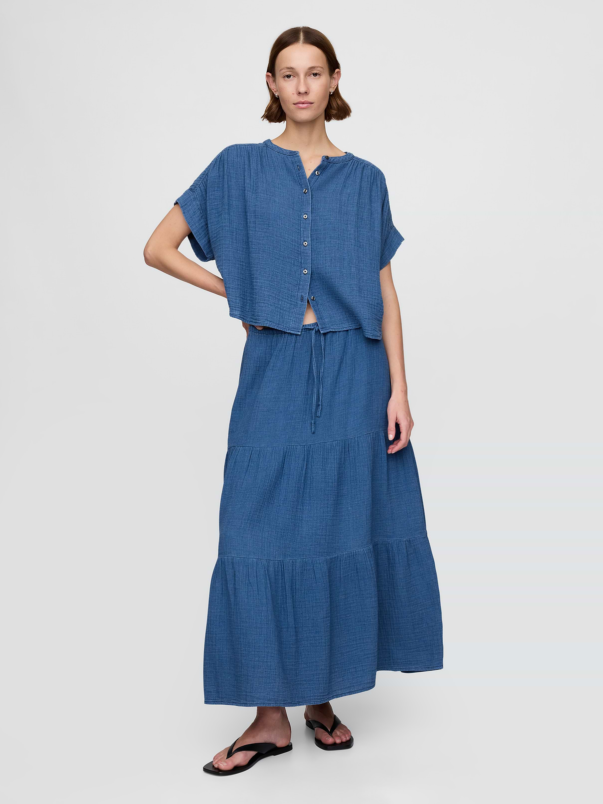 Cotton Gauze Denim Tiered Maxi Skirt