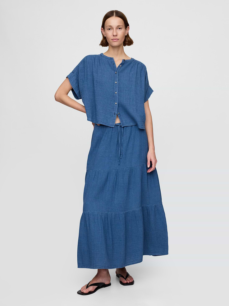 Image number 1 showing, Cotton Gauze Denim Tiered Maxi Skirt