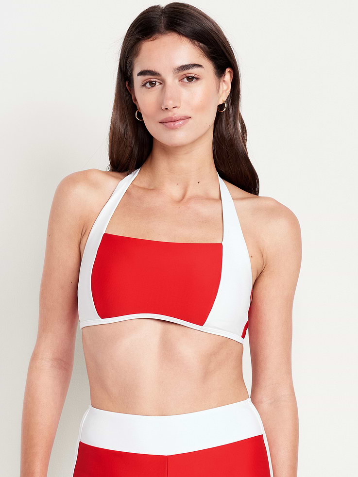 Image 1 of 9, straight neck, tie-back halter straps, paneled front, removable pads, hook-and-bar back closure, Product #747888