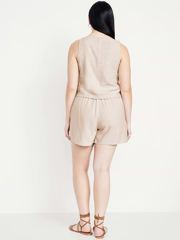 High-Waisted Faux-Wrap Linen-Blend Mini Skort