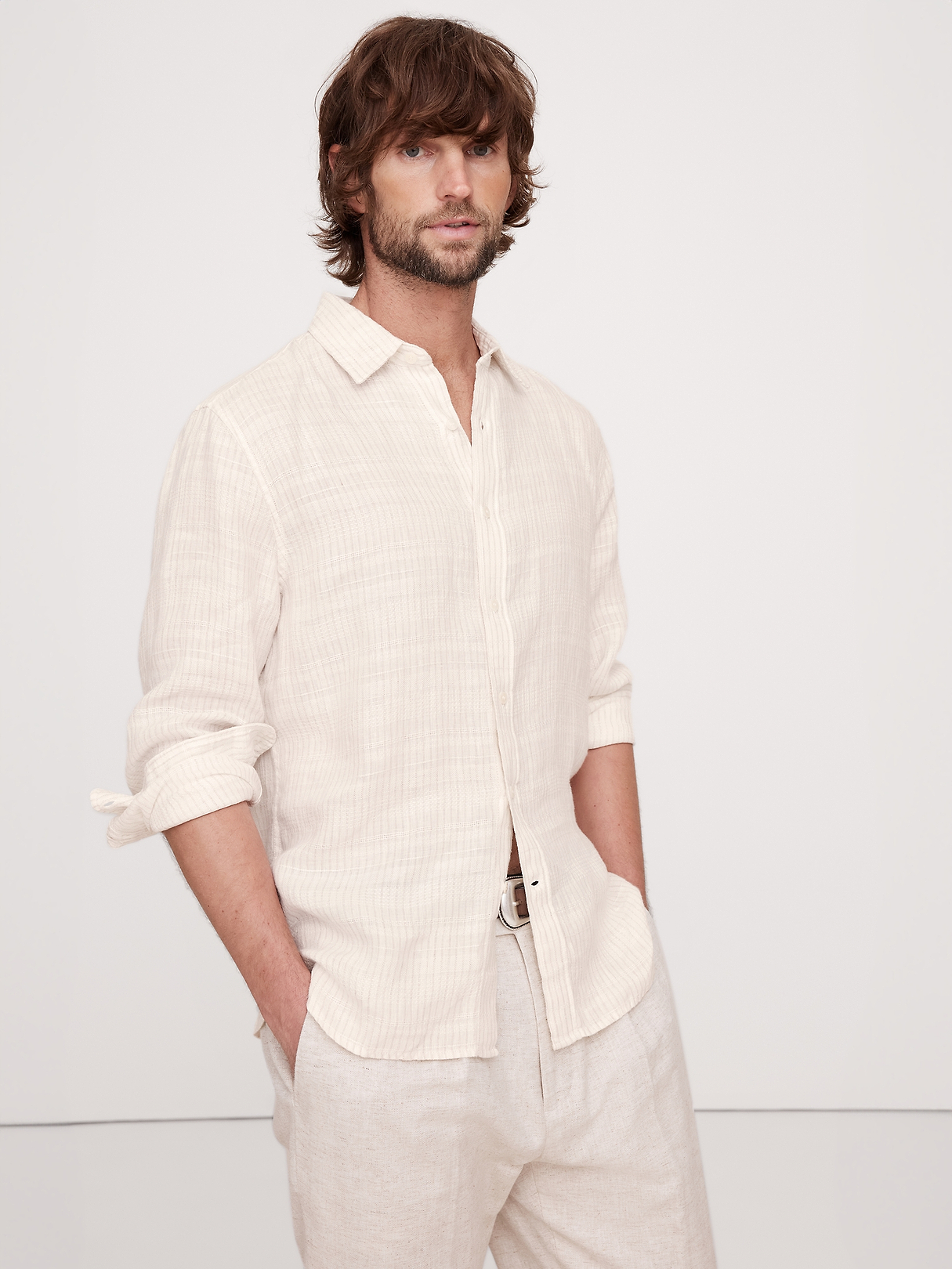 む*つ様 希少 banana republic stripe linen sla Standard-Fit Texture-Stripe Linen Shirt | Banana Republic