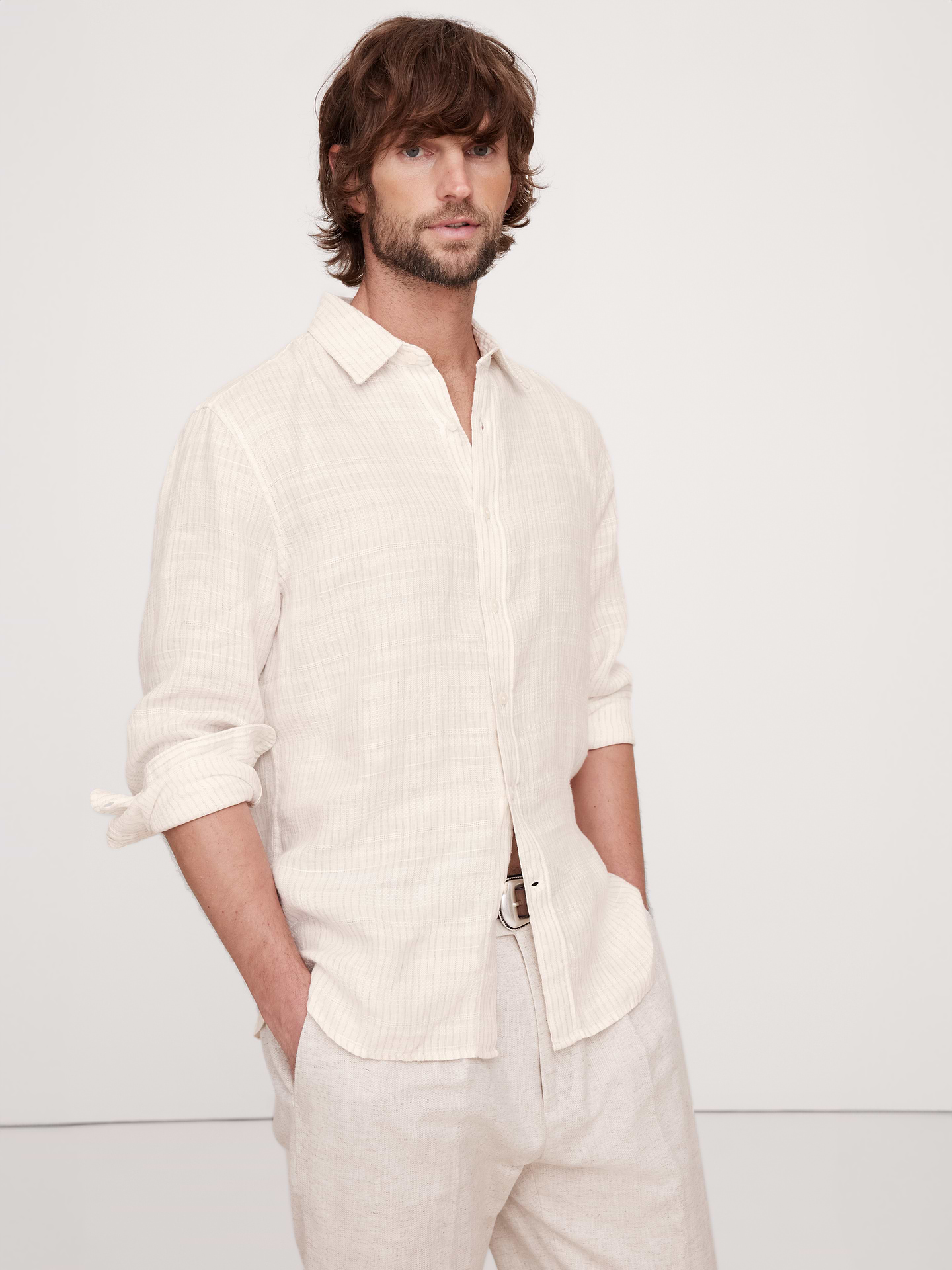 Image number 1 showing, Standard-Fit Texture-Stripe Linen Shirt