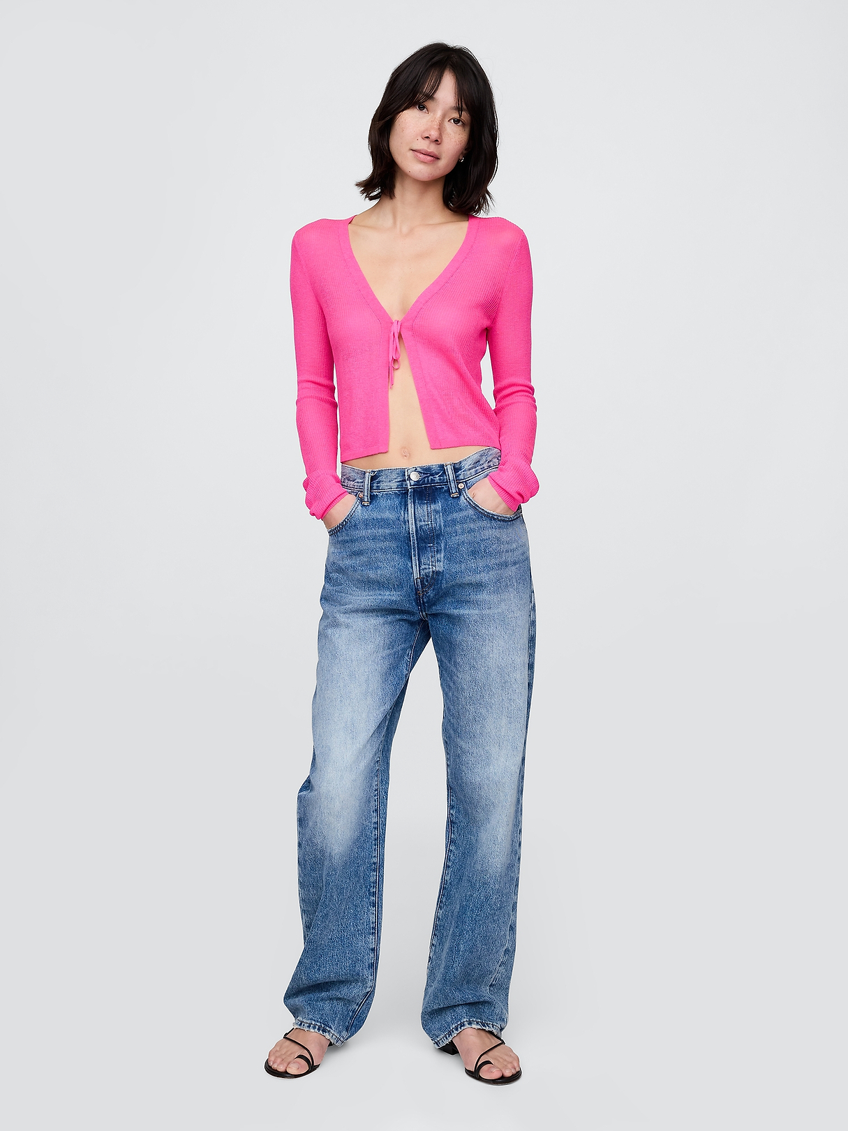 Sheer Rib Tie-Front Crop Cardigan Sweater | Gap
