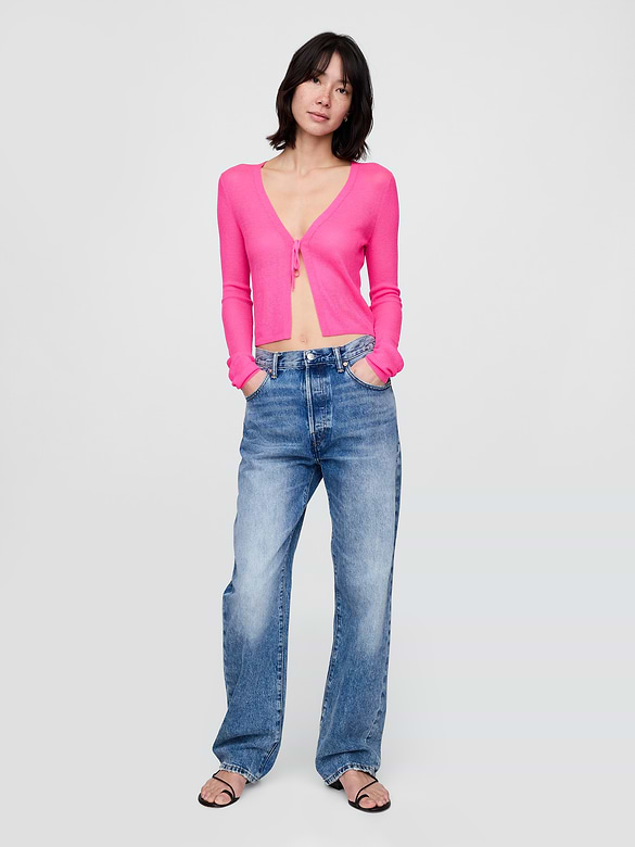 Sheer Rib Tie-Front Crop Cardigan Sweater