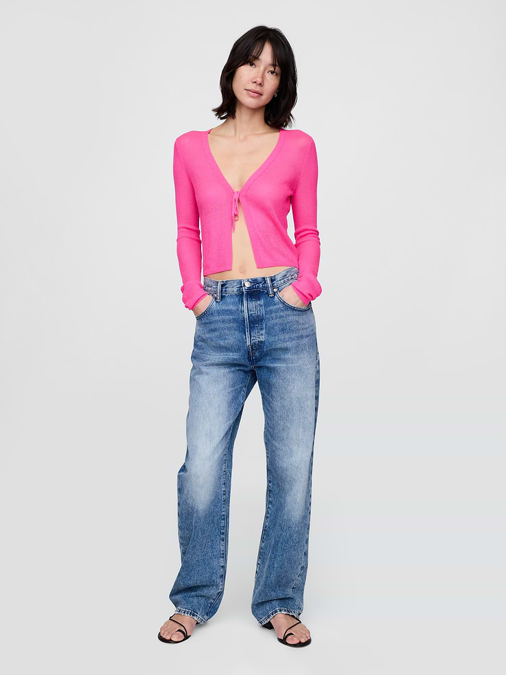 Image number 2 showing, Sheer Rib Tie-Front Crop Cardigan Sweater