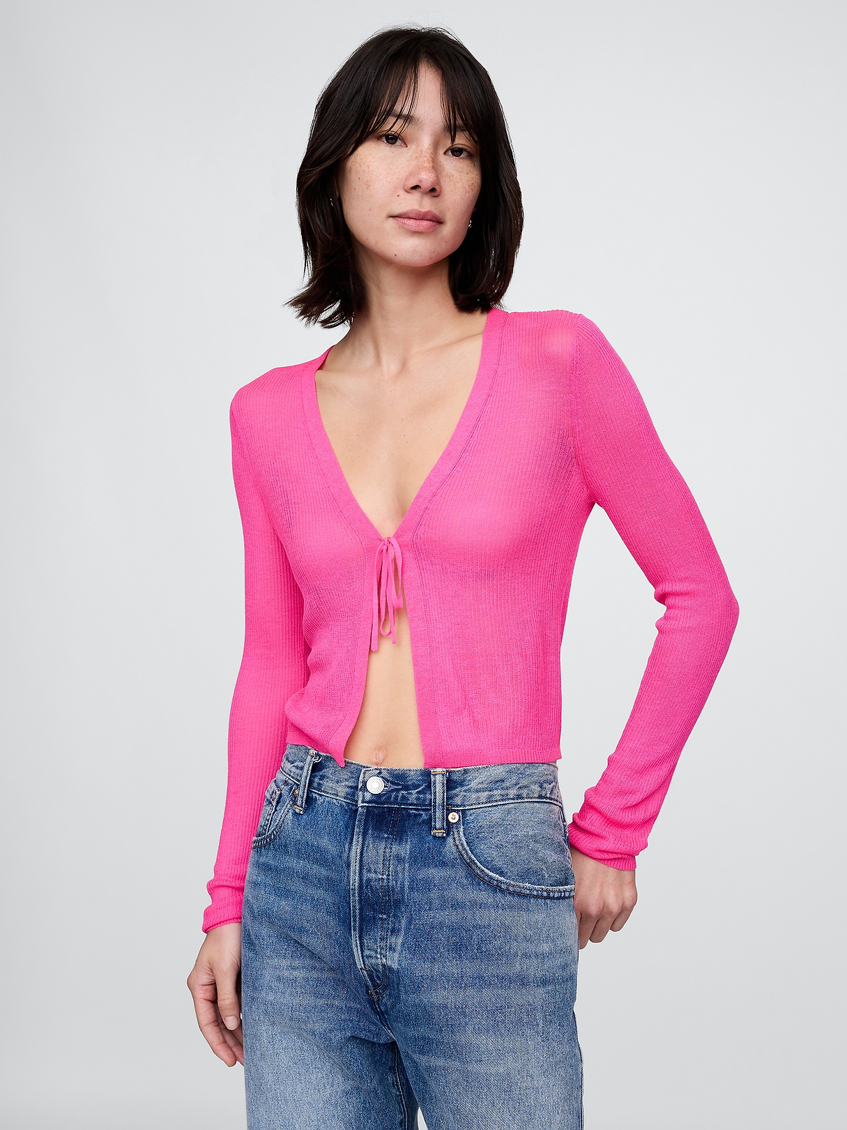 Sheer Rib Tie-Front Crop Cardigan Sweater | Gap