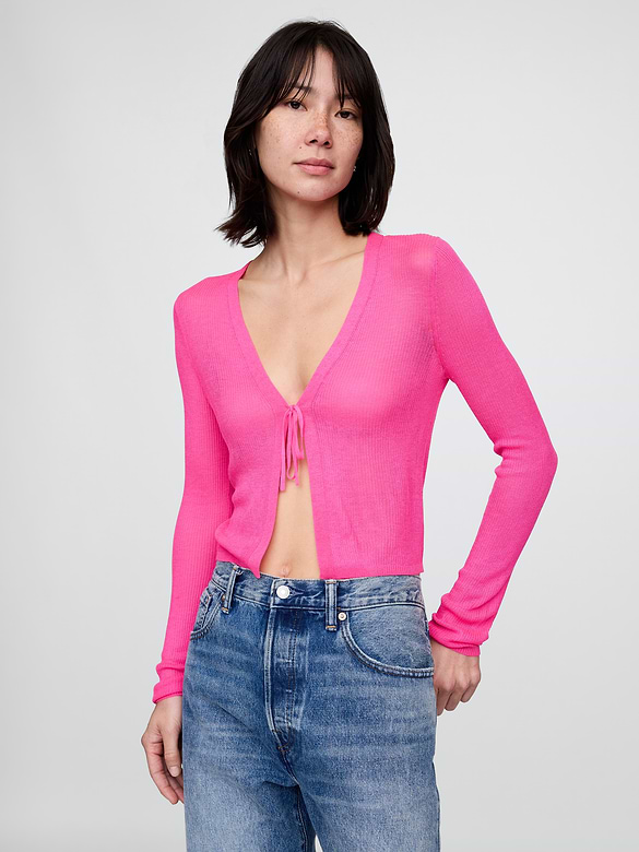 Sheer Rib Tie-Front Crop Cardigan Sweater