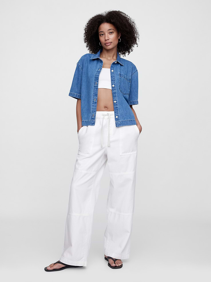 Image number 1 showing, High Rise Pull-On Wide-Leg Utility Jeans
