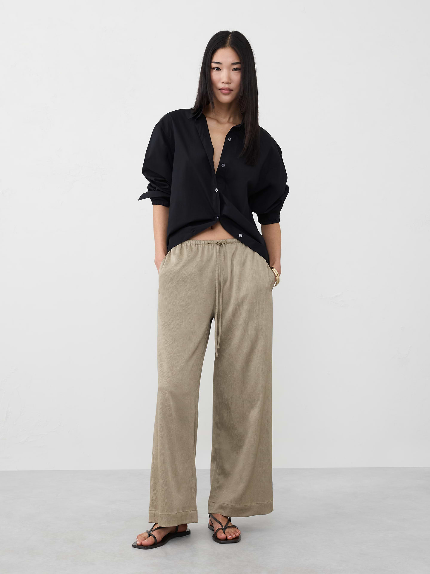 Image number 1 showing, Wide-Leg Crinkled Satin Pull-On Pant