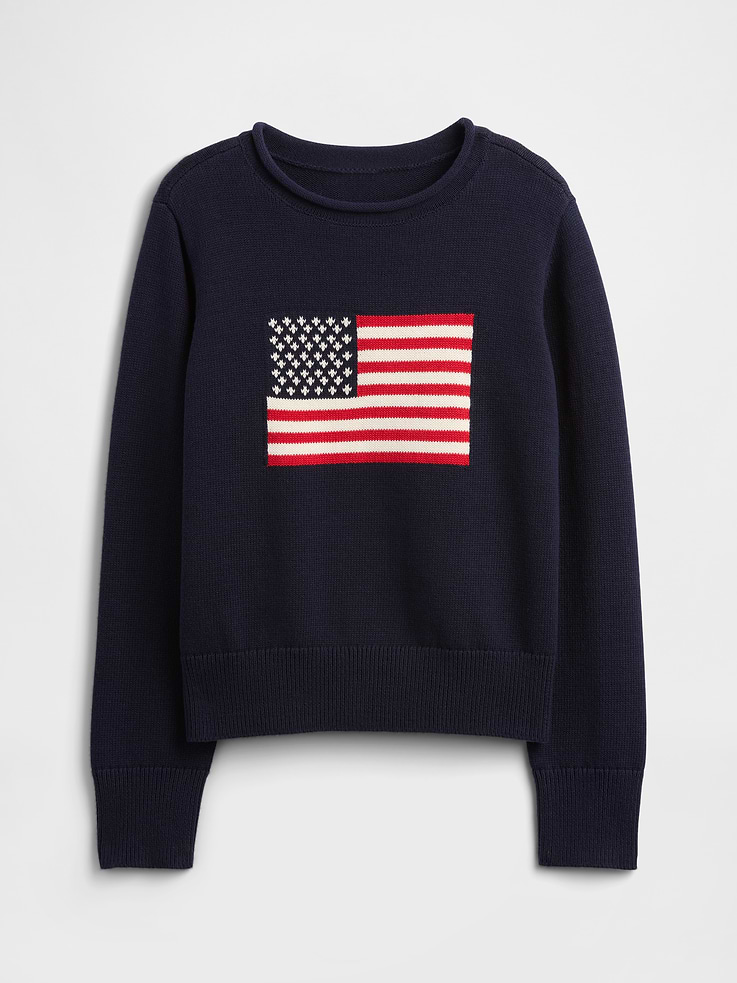 Image 1 of 3, Soft cotton knit., Dropped shoulder, long sleeves with ribbed cuffs., Rolled crewneck., USA flag graphic at front., Ribbed hem., This product was made in a factory that invests in gender equity and women’s empowerment through RISE. Learn more at, Product #781686