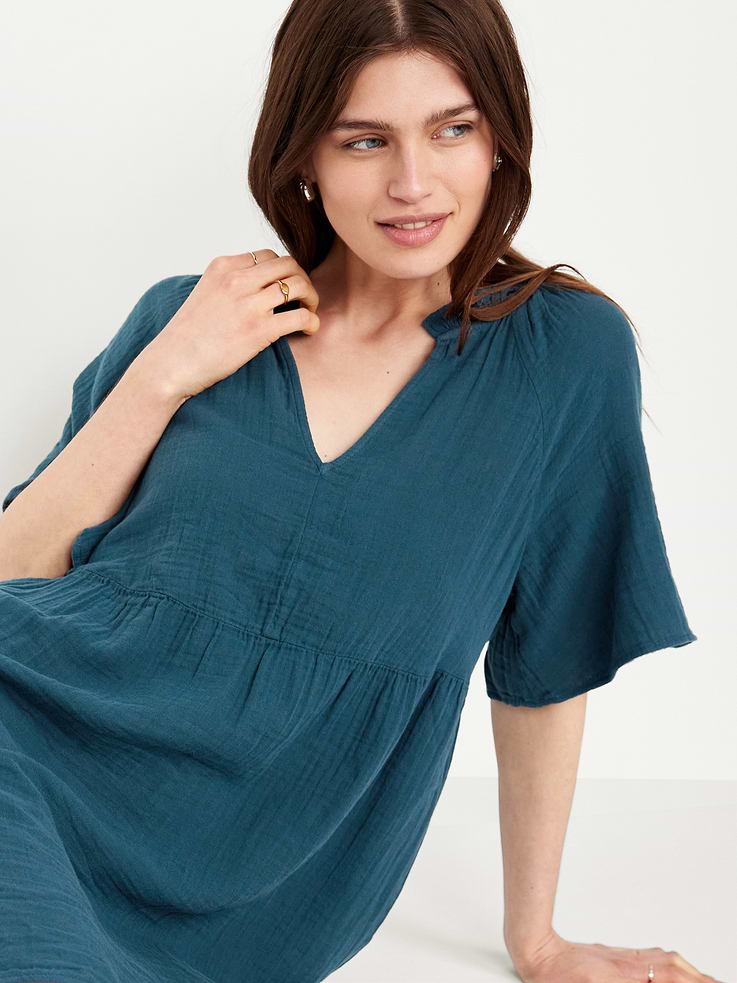 Image 3 of 8, Split-Neck Crinkle Gauze Mini Swing Dress