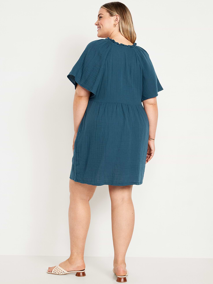 Image 8 of 8, Split-Neck Crinkle Gauze Mini Swing Dress