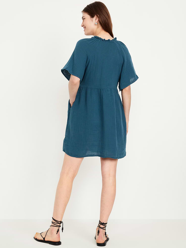 Image 2 of 8, Split-Neck Crinkle Gauze Mini Swing Dress