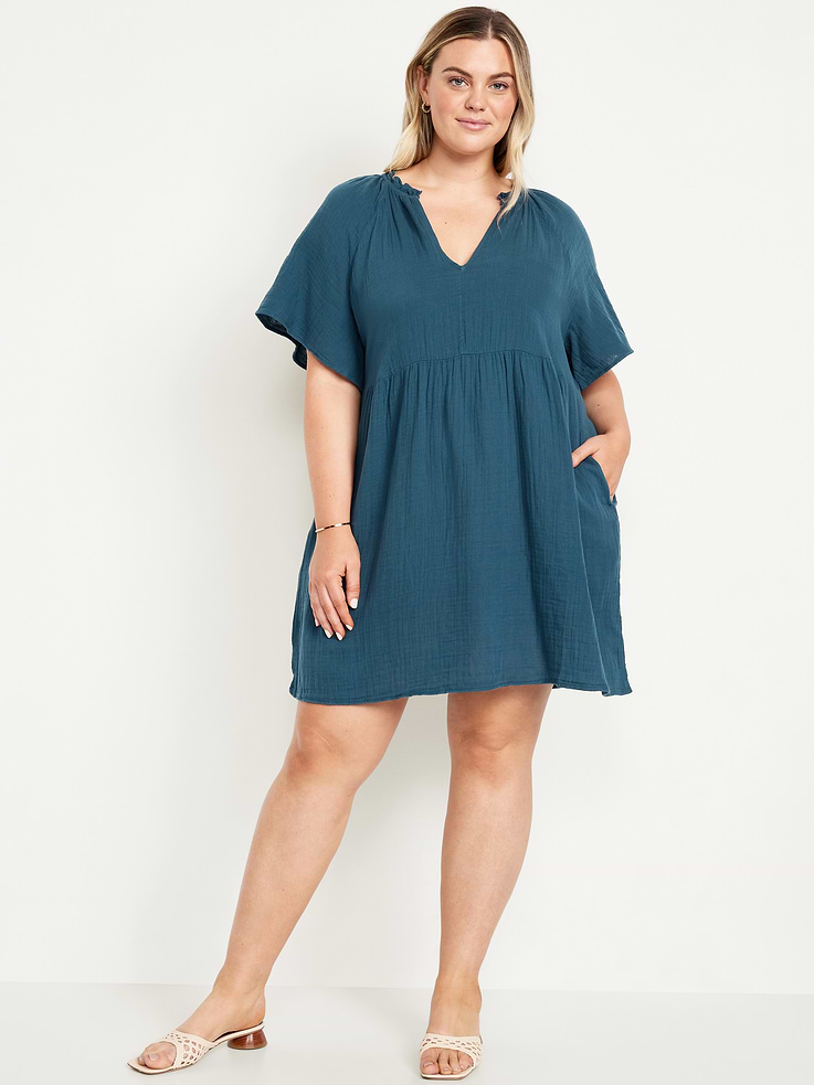 Image 7 of 8, Split-Neck Crinkle Gauze Mini Swing Dress