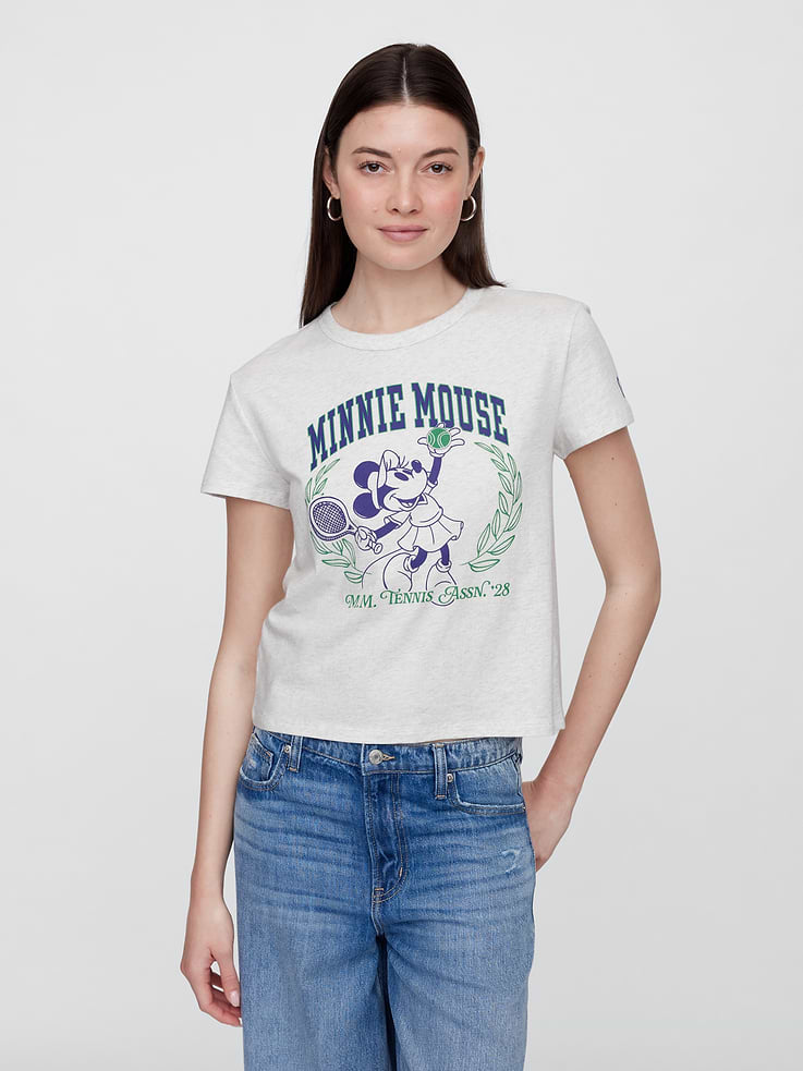 Image 1 of 5, A very special collaboration between Gap and Disney— two timeless, iconic American brands— led us to create a collection that celebrates Mickey Mouse and Minnie Mouse., Soft jersey knit., Dropped shoulder, short sleeves., Crewneck., Minnie Mouse graphic at front, Gap logo at sleeve., Product #761172