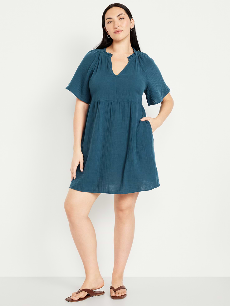 Image 5 of 8, Split-Neck Crinkle Gauze Mini Swing Dress
