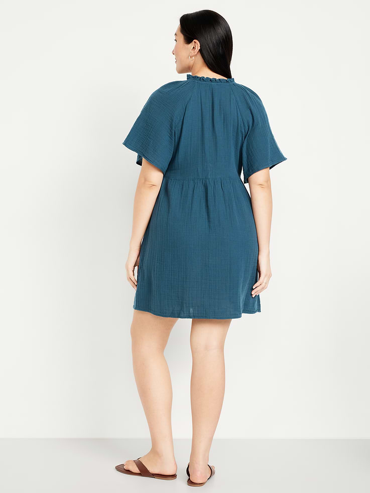 Image 6 of 8, Split-Neck Crinkle Gauze Mini Swing Dress