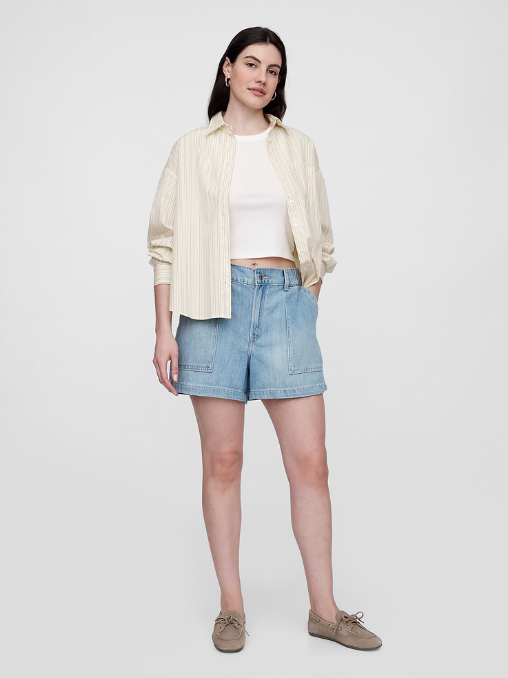 Image 5 of 7, 4" High Rise SuperSoft Denim Utility Shorts