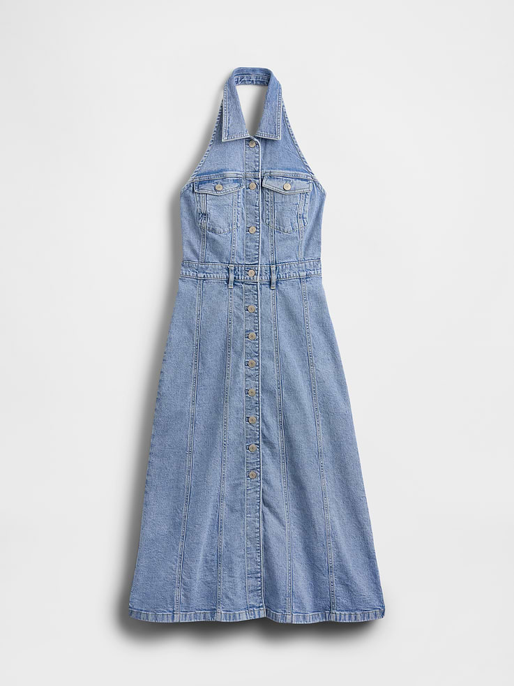 Image 4 of 5, Icon Denim Halter Midi Dress