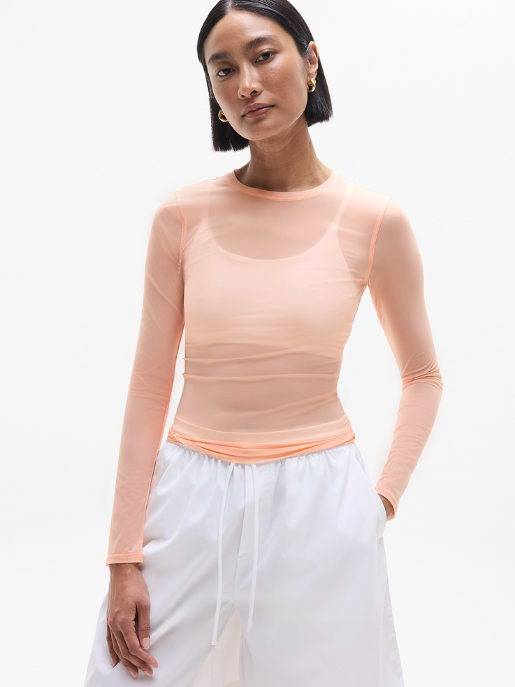 Image 1 of 5, FOR: Layering up to, from, or during workouts, FEEL: Slightly sheer, ultra-lightweight with barely-there breathability, FAVE: Sweat-ready, high-performance mesh keeps air flowing from rep one to done, Product #757166