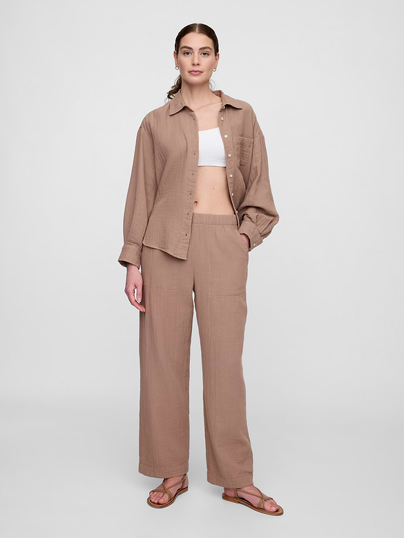 Mid Rise Gauze Pull-On Wide-Leg Pants