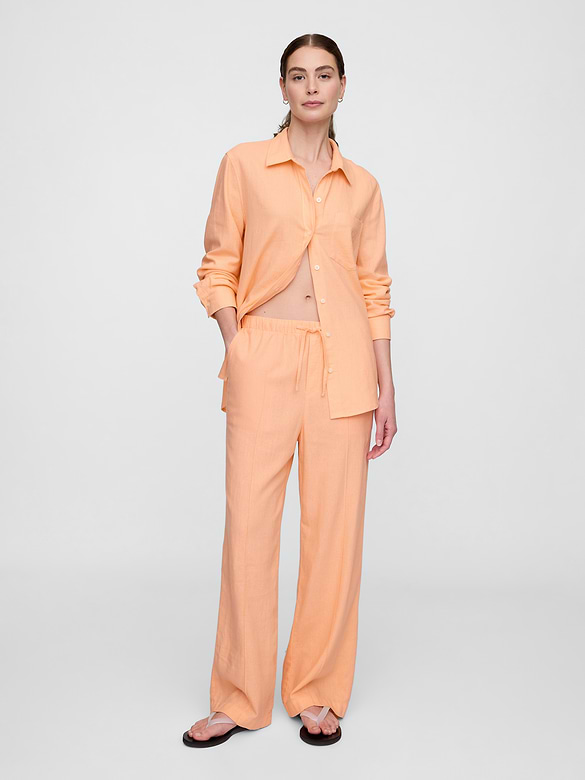 Mid Rise Linen-Blend Pull-On Wide-Leg Pants