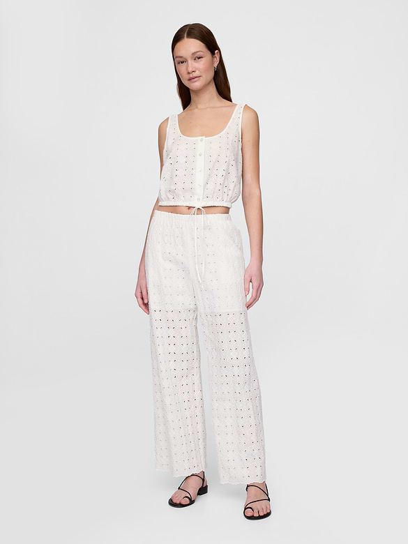 Mid Rise Eyelet Easy Wide-Leg Pants