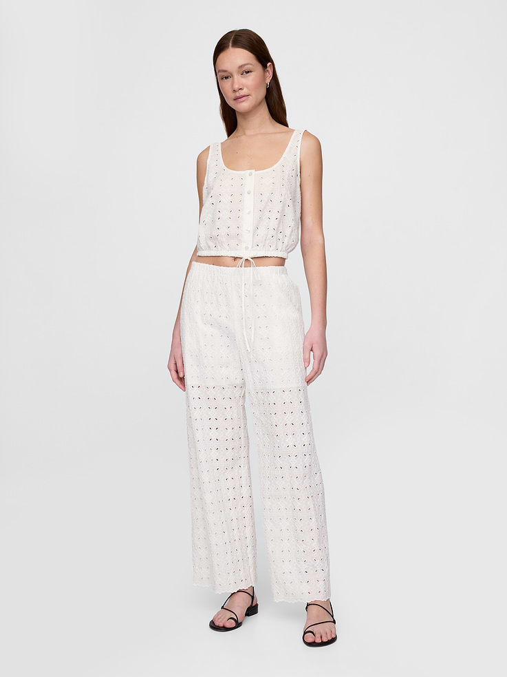Image number 1 showing, Mid Rise Eyelet Easy Wide-Leg Pants