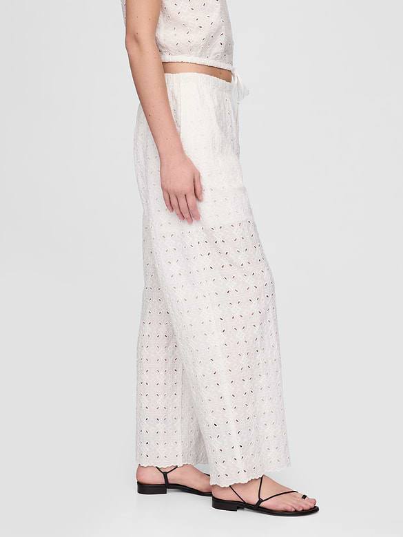 Mid Rise Eyelet Easy Wide-Leg Pants