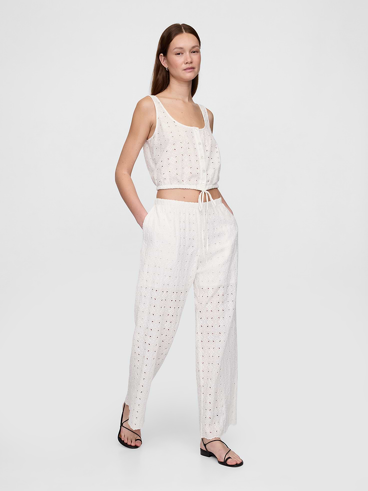 Image number 8 showing, Mid Rise Eyelet Easy Wide-Leg Pants
