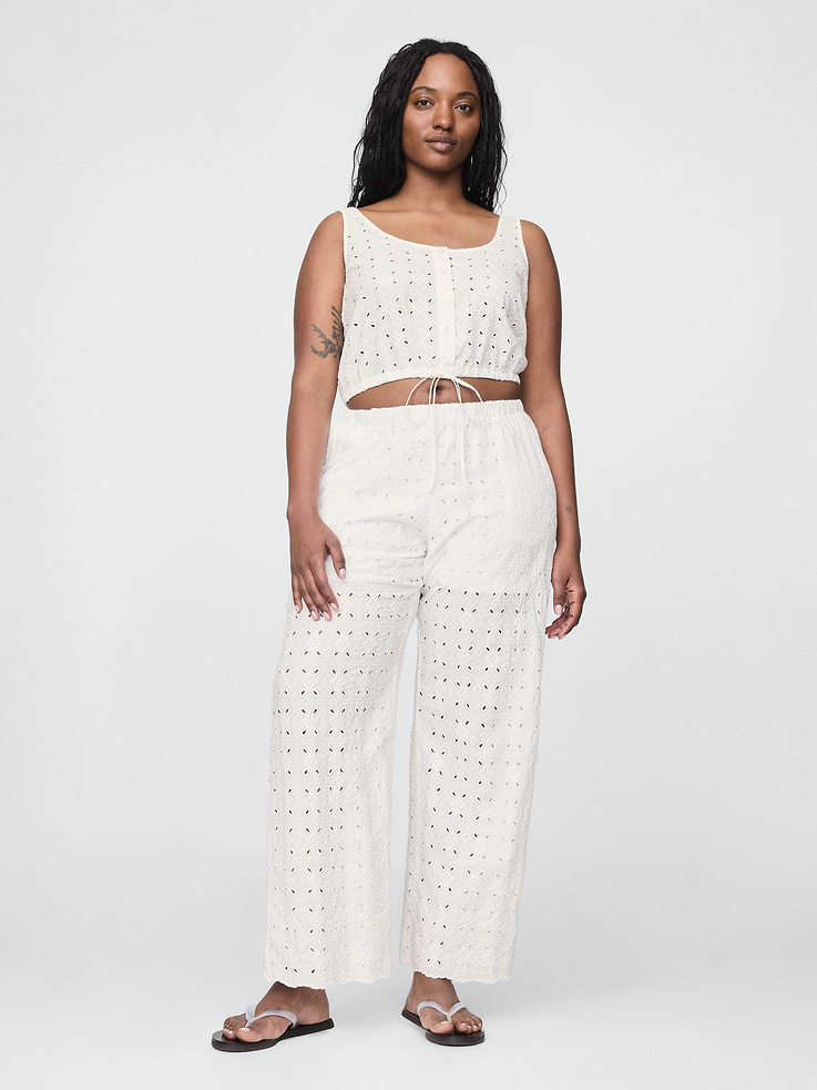 Image number 5 showing, Mid Rise Eyelet Easy Wide-Leg Pants