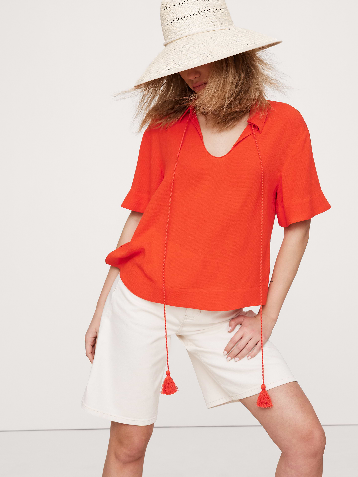 Image number 1 showing, Gauze Tassel-Tie Popover Shirt